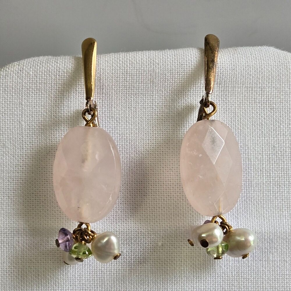Artisan Handmade 925 Sterling Silver Rose Quartz Pearl Peridot Amethyst Earrings